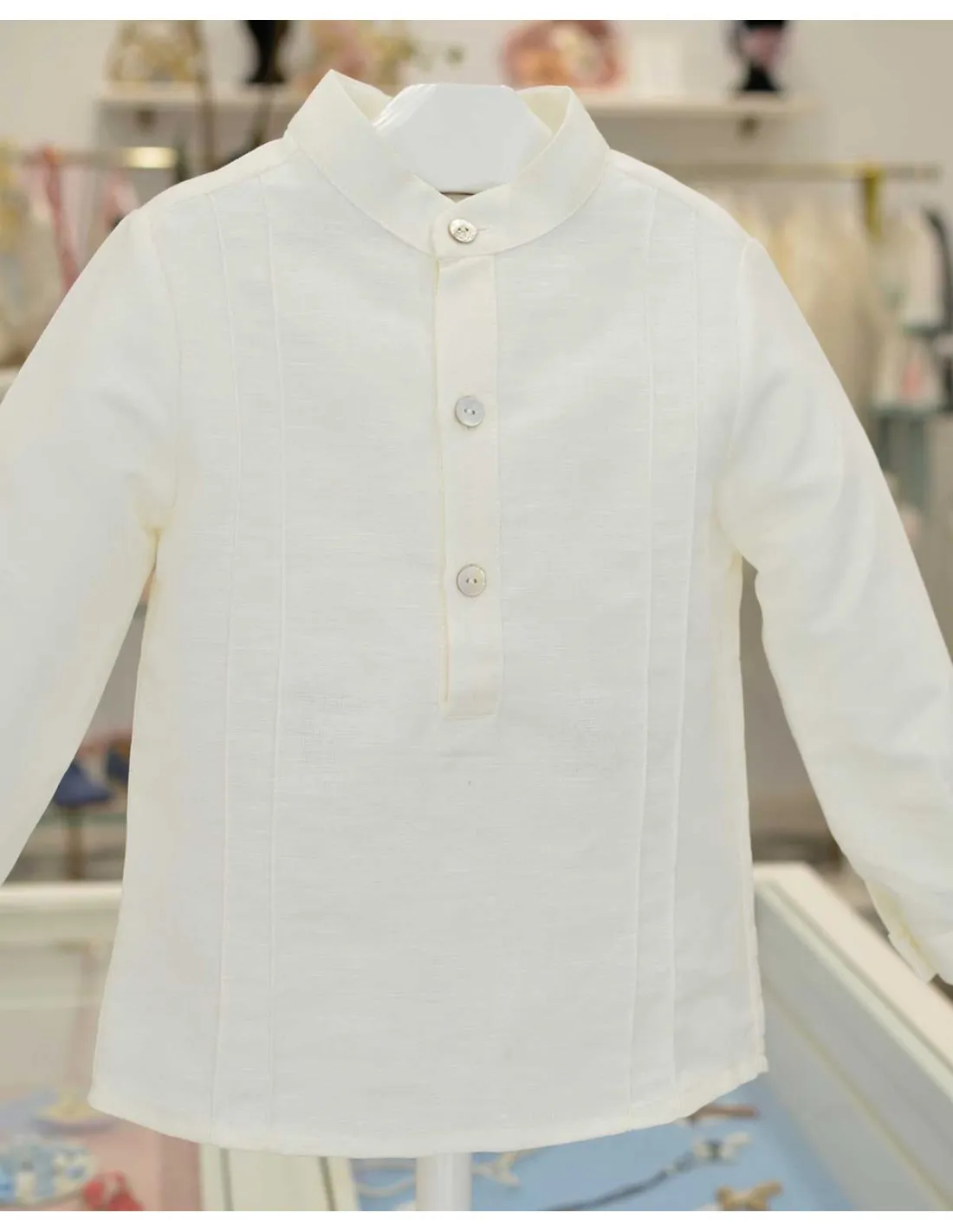 Camisa Niño Ceremonia Lino Beige Cuello Mao Alhuka