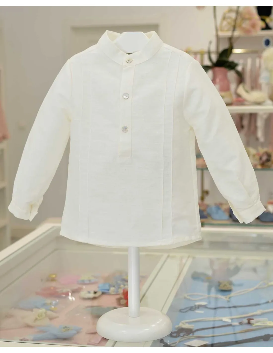 Camisa Niño Ceremonia Lino Beige Cuello Mao Alhuka