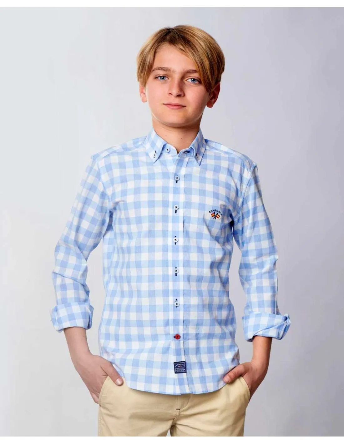 Camisa Niño Cuadros Celestes Popelín Spagnolo Moda Infantil