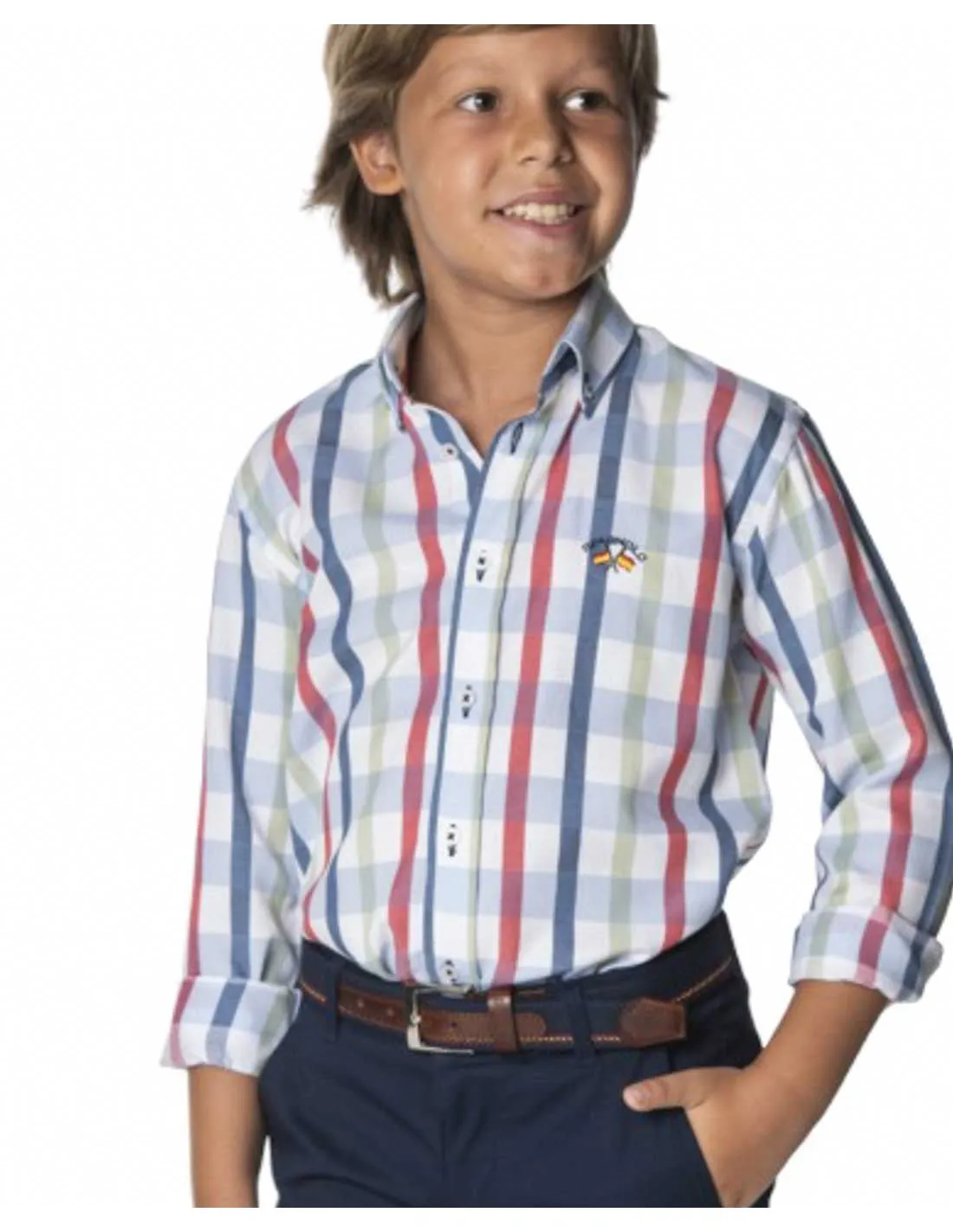 Camisa Niño Oxford Spagnolo Moda Infantil Celeste Azul Verde y Coral