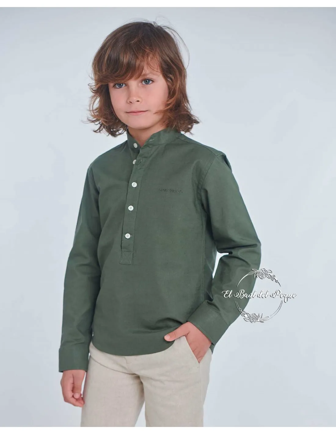 Camisa Polero Lino Verde Caki Spagnolo Moda Infantil