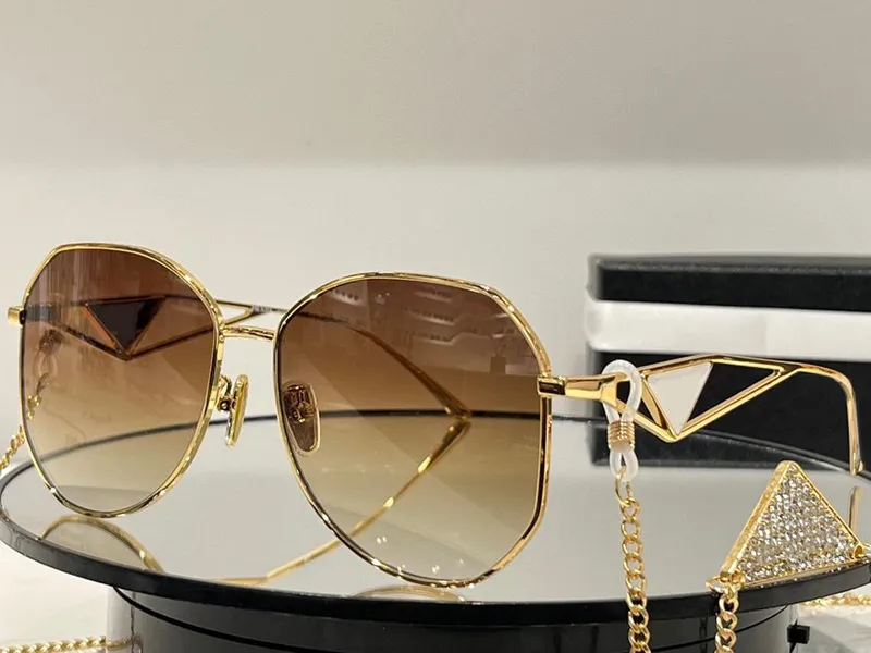 Gafas de sol de diseñador para mujer Lente redonda de gran tamaño Triángulo Marco de metal dorado Anti-ultravioleta Gafas de sol