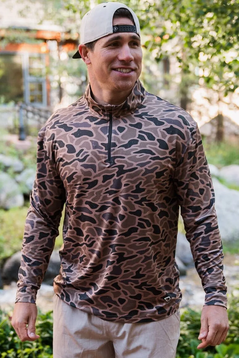 MEN'S BURLEBO PERFORMANCE QUARTER ZIP IN GAUGE CAMO