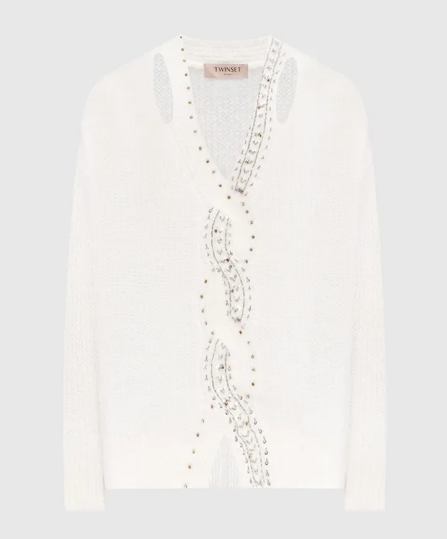 Twinset White sweater with crystals and sequins