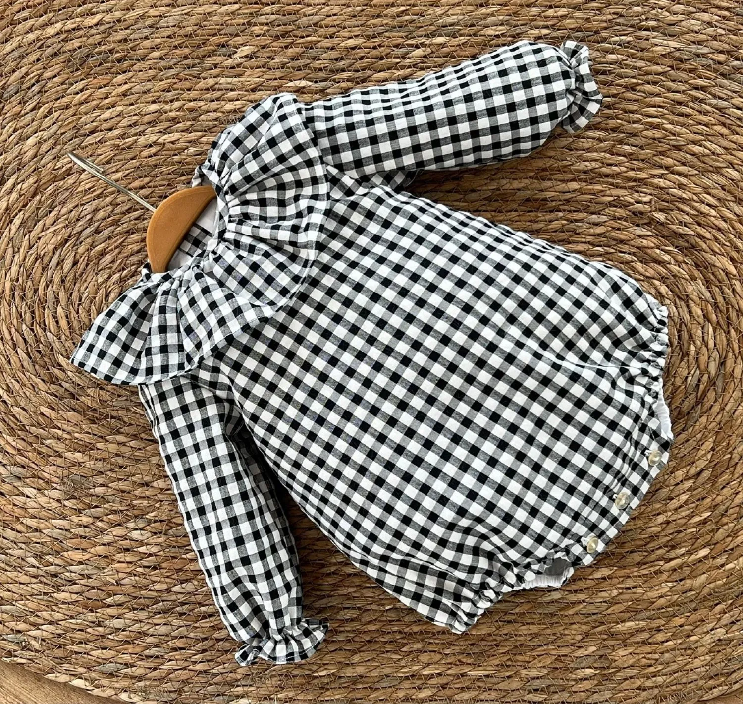 Unisex romper in black gingham box. Various sizes