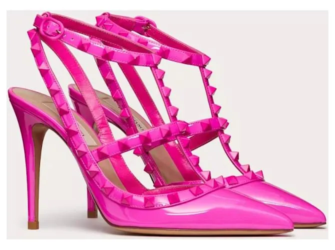 Valentino Garavani ZAPATOS DE CHAROL ROCKSTUD CON CORREAS Y TACHUELAS A JUEGO 100MM Rosa 