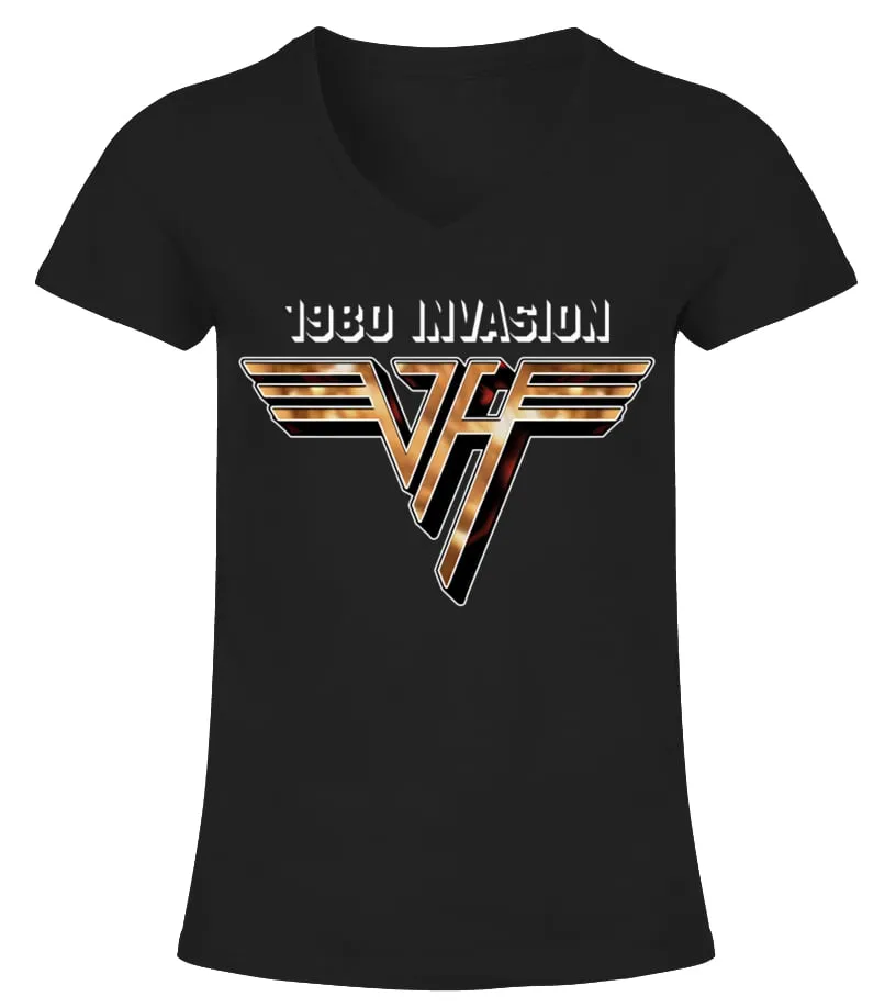 VAN HALEN  1980 TOUR DATES  WORLD INVASION TOUR CAMISETA CUELLO PICO MUJER