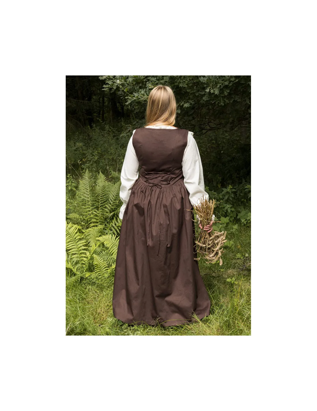 Vestido medieval campesina Lene algodón sin mangas, marrón