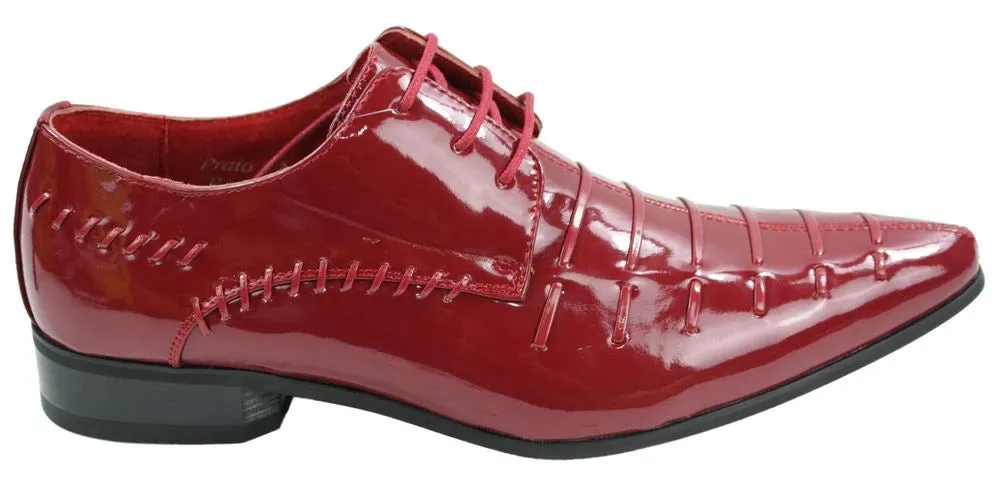 Zapatos de charol brillante de cuero con cordones en colores rojos negros de diseño italiano para hombre