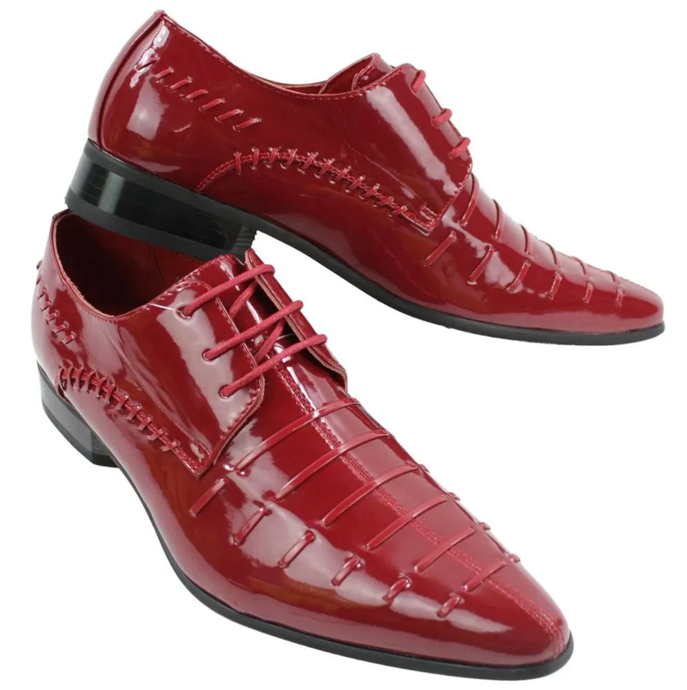 Zapatos de charol brillante de cuero con cordones en colores rojos negros de diseño italiano para hombre